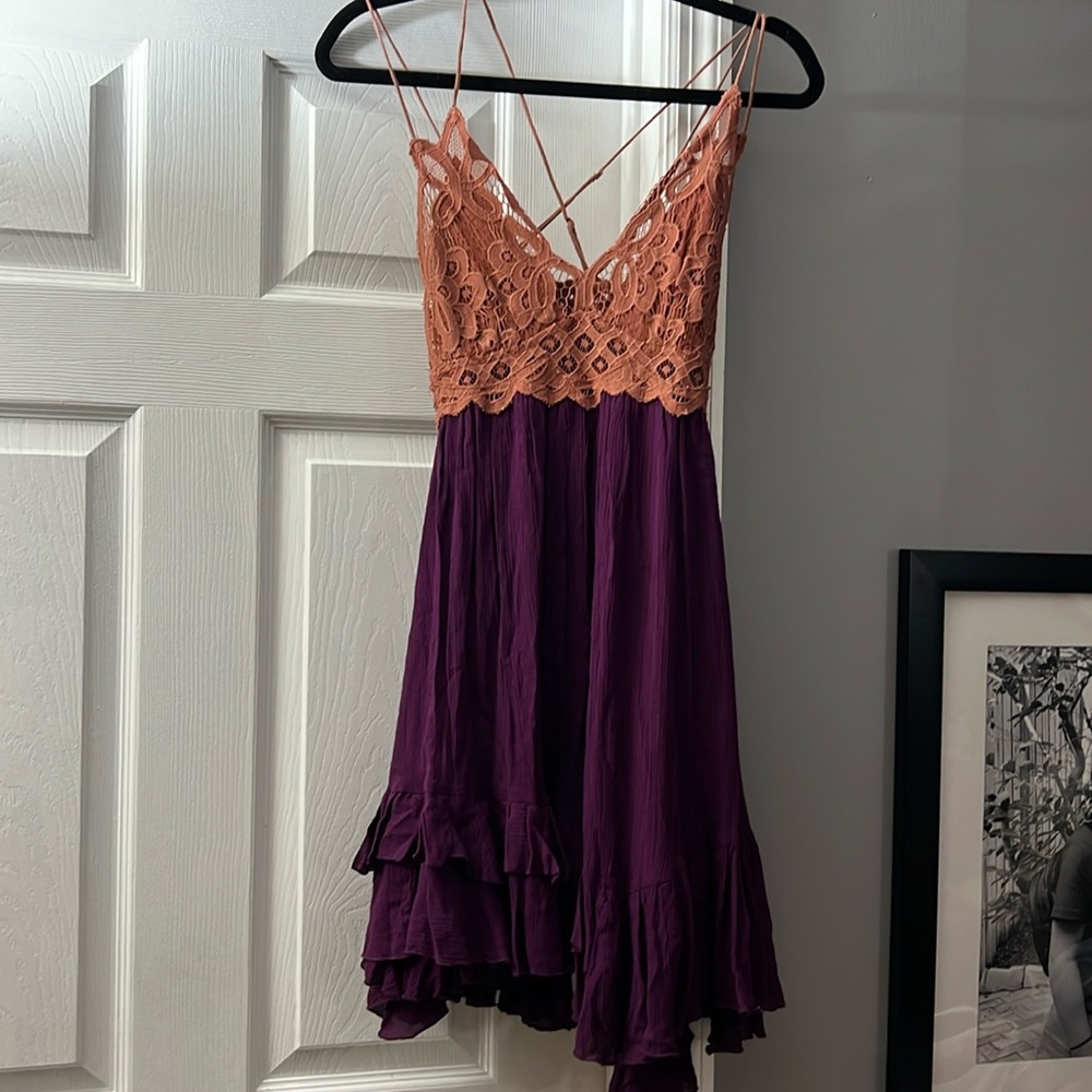 $88 Free People Adella Lace Mini Dress Copper Combo XS - Picture 4 of 6